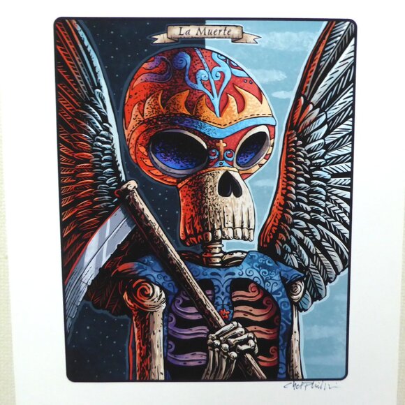 “LA MUERTE” LUCHADOR GRIM REAPER SKELETON FRAMED SIGNED ART PRINT CHET PHILLIPS - Picture 2 of 7